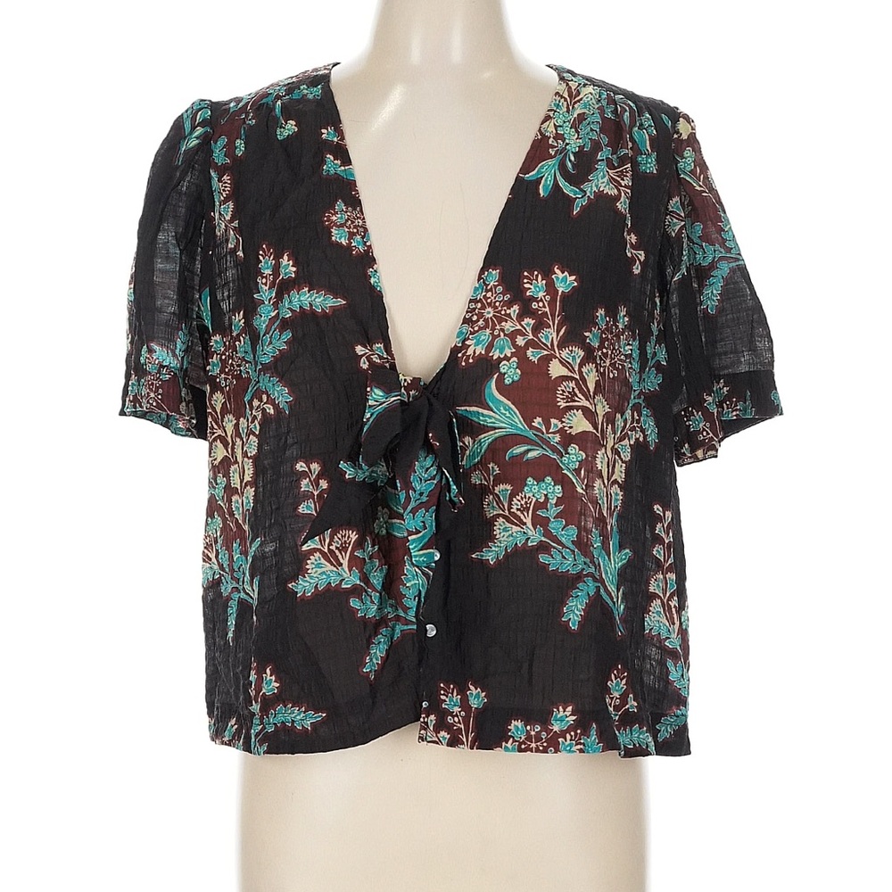 Free People Black Floral Tie-Front Crop Blouse with Teal & Brown Print